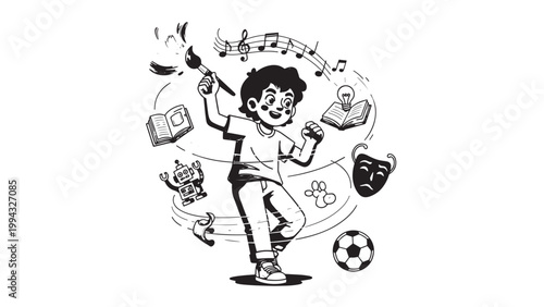 Child Playing Soccer with Various Sports Equipment and Toys in a Fun Indoor Setting.