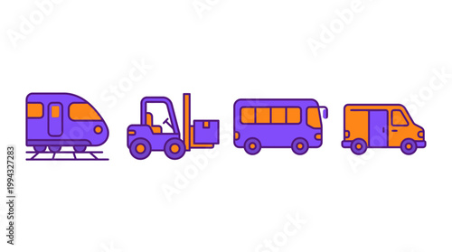 Vehicles including a helicopter, forklift, bus, and delivery van in a row