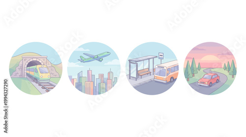 Transportation modes moving through various landscapes and environments daily