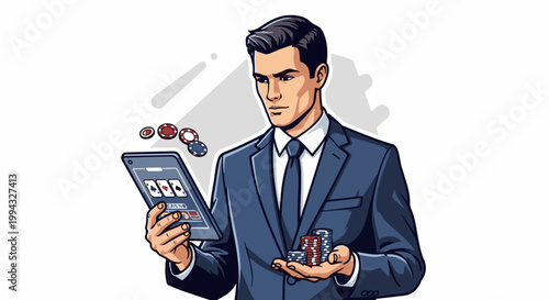 Businessman holding tablet with casino game and chips