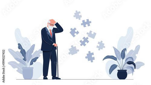 Elderly man with a cane looking confused at falling puzzle pieces symbolizing memory loss or dementia symptoms.