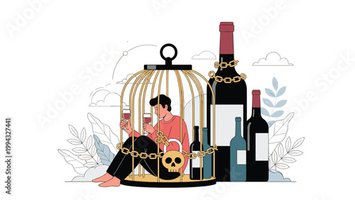 Man sitting inside a golden cage surrounded by giant wine bottles illustrates the suffocating nature of alcohol addiction and dependency.