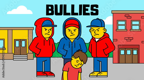 Illustrative depiction of schoolyard bullies intimidating a lone student in front of school