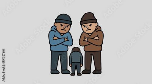 Illustrative depiction of two intimidating figures confronting a smaller individual with arms
