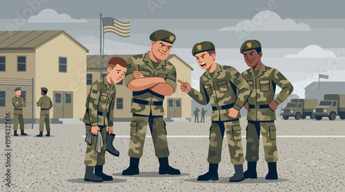 Military disciplinary conflict scene depicting hazing and harsh reprimands among soldiers at a
