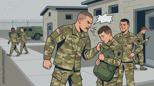 Military disciplinary action depicted in an illustration showing an angry superior confronting a