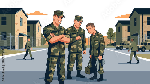 Military personnel interact outside barracks with vehicles and buildings in the background