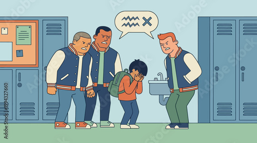 School hallway intimidation scene showing a child being bullied by a group of older students