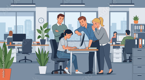 Office Workplace Bullying Scene Depicting a Female Employee Being Harassed by Coworkers