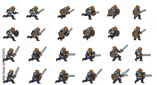 Pixel art medieval warrior sprite sheet, 2D game character animation frames, fantasy knight with sword and shield vector set for indie game development