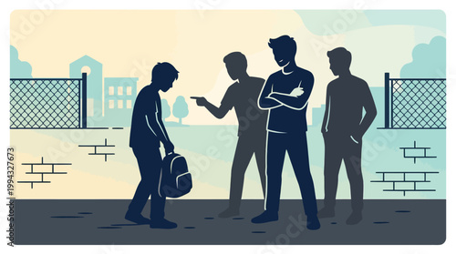 Schoolyard confrontation depicted through silhouettes illustrating social exclusion and peer
