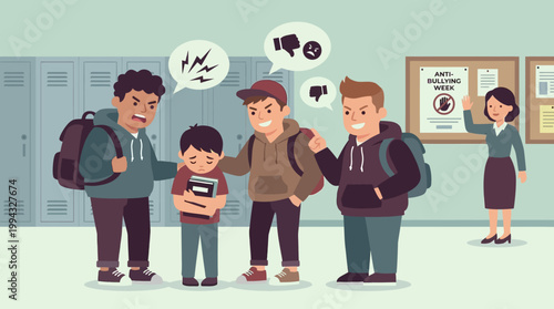 Schoolyard Antics depicting peer aggression and anti-bullying awareness posters in a hallway