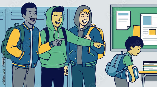 School hallway scene depicting peer bullying with students pointing and laughing at a lone boy