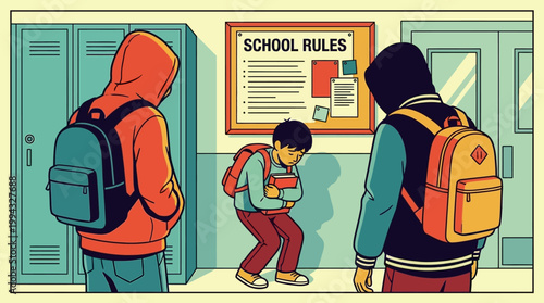 Schoolyard dynamics depict a lonely student amidst intimidating peers facing the hall of rules