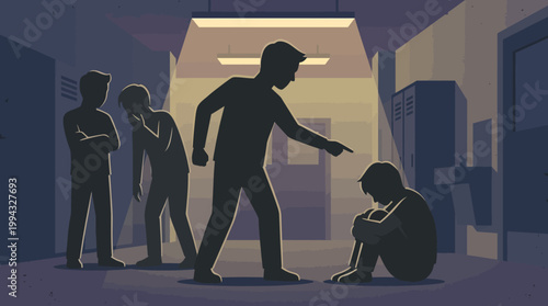 Silhouetted figures depict a somber scene of peer conflict and exclusion in a dimly lit environment