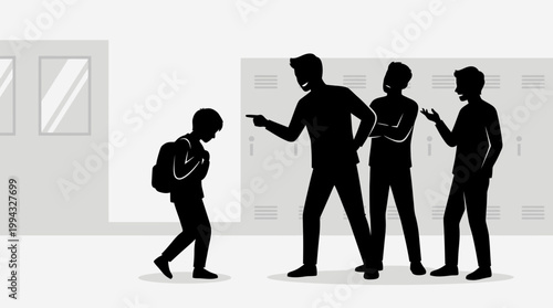 Silhouette of a child being bullied by peers in a school hallway with lockers