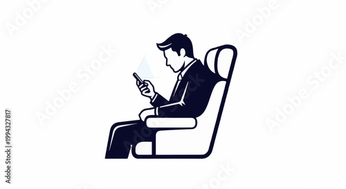 Business person in suit sits in a seat, engrossed in a smartphone, with a light effect