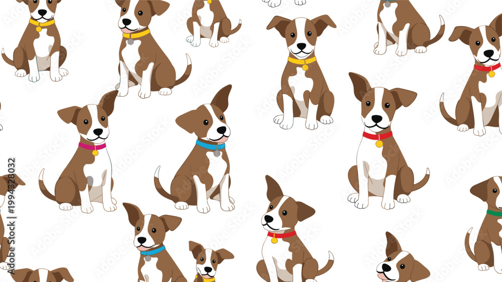 Fototapeta premium Seamless pattern featuring adorable brown and white puppies wearing various colorful collars against a clean white background.