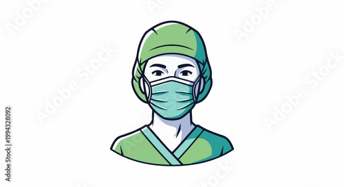 Cartoon illustration of a person in surgical attire with a face mask