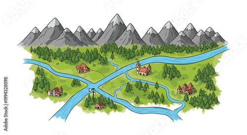 Hand-drawn fantasy map illustration, medieval village landscape with mountains and rivers, isometric rural valley vector for gaming and storytelling