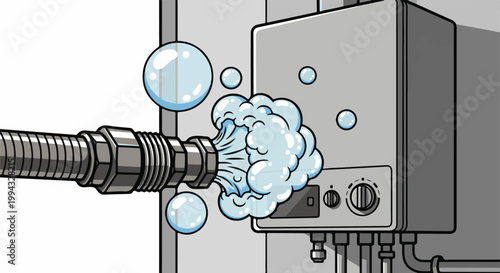 Cartoon illustration of a home water heater releasing steam and bubbles from a pipe