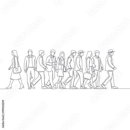 Картината върху платно Diverse group of people walking in a line, one person walking in opposite direct