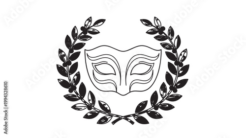 Elegant black and white theatrical mask surrounded by laurel wreath for drama or performance themes.