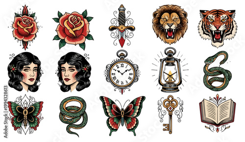 Vintage tattoo illustrations collection isolated on black background