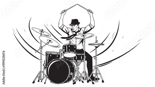Dynamic drummer playing drum set with energetic motion and musical enthusiasm.