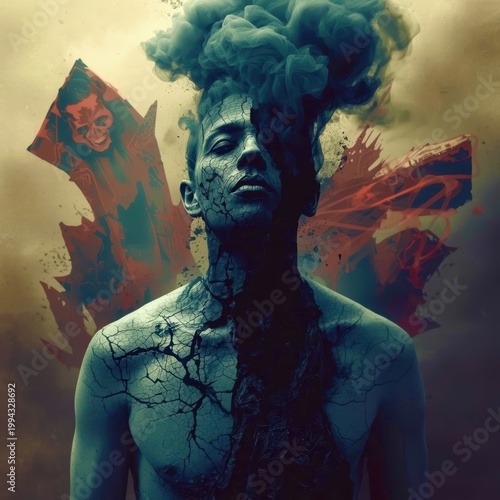 Surreal portrait of a human with smoke and cracks