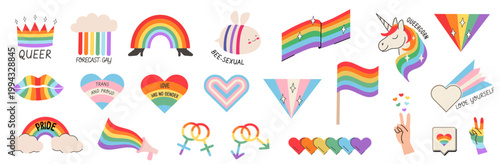 Bild auf Leinwand Colorful pride clipart set with hand drawn rainbow icons and playful typography phrases