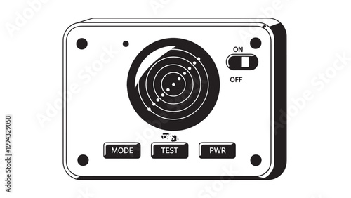 Close-up of a radar detector device with control buttons and display screen.