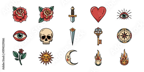 Tattoo style elements set against black background graphic design