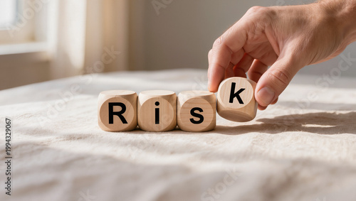 Hand Arranging Wooden Blocks to Spell 'Risk' on Textured Fabric