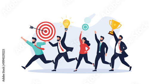 Group of professional business people running together while holding symbols of success like a target, light bulb, and a trophy.