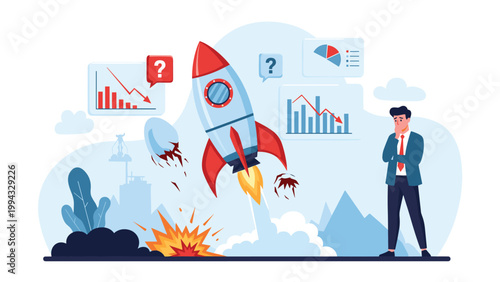 Worried businessman looking at a crashing space rocket and declining financial charts representing failure and crisis.