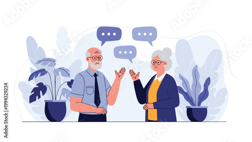 Elderly man and woman standing together and having a friendly conversation with speech bubbles in a cozy garden setting.