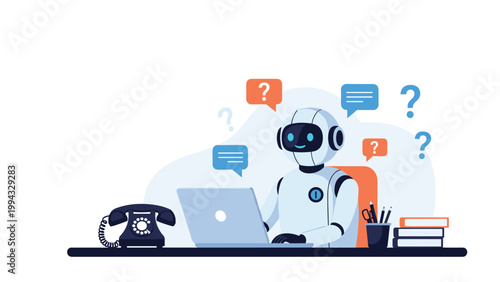 Advanced robot sitting at an office desk and working on a laptop surrounded by question marks and speech bubbles.