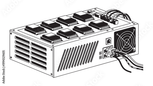 Cryptocurrency Mining Rig with Multiple Graphics Cards and Cooling System.