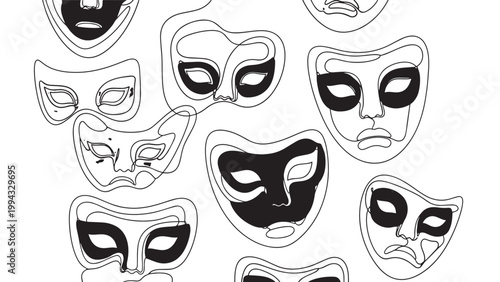 Collection of Various Black and White Mask Illustrations for Artistic and Creative Projects.
