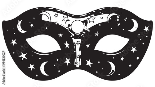 Decorative Black Mask with Moon and Star Patterns for Costume or Party Use.