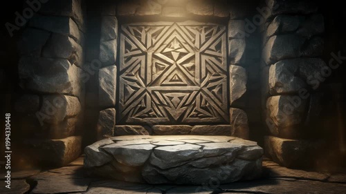 An ancient stone pedestal stands before a intricately carved wooden panel in a dimly lit room with stone walls.