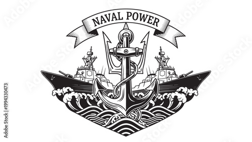 Naval Power Emblem Featuring Anchor and Ships in Black and White Illustration.