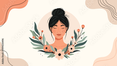Calm woman with closed eyes surrounded by delicate flowers and leaves symbolizing inner peace, beauty, and mental wellness in flat art.