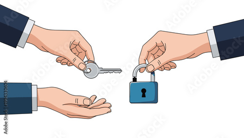Business concept illustration showing hands exchanging silver key and blue padlock to represent security, safety, and property transfer.
