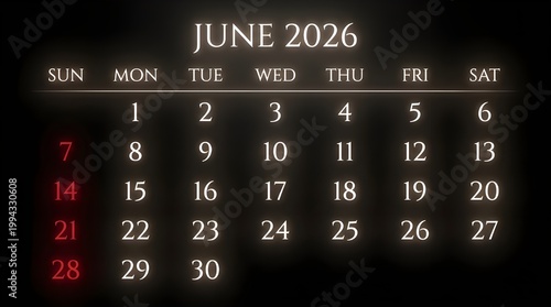 Sophisticated June calendar glowing white type red Sundays balanced calming black layout design.