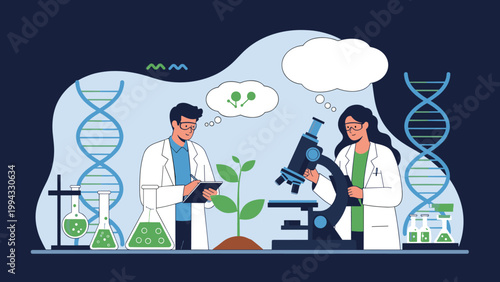Team of biology scientists conducting botanical research with microscope and plant in modern laboratory to improve crop yields and genetics.