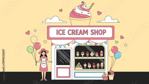 Charming illustration of ice cream shop building with colorful display window and girl holding balloons to attract customers for sweet treats.