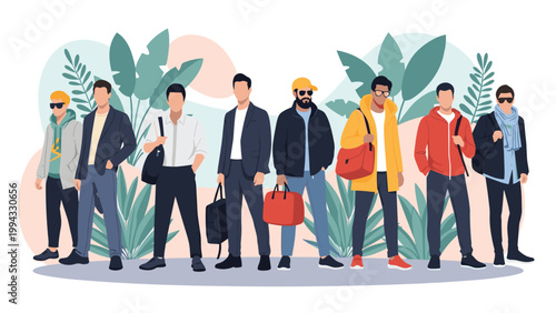 Diverse group of stylish men standing together in various casual and formal outfits against modern tropical background with large green leaves.