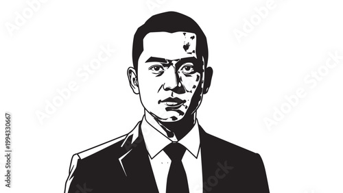 Black and White Illustration of a Man in Formal Suit and Tie with Serious Expression.